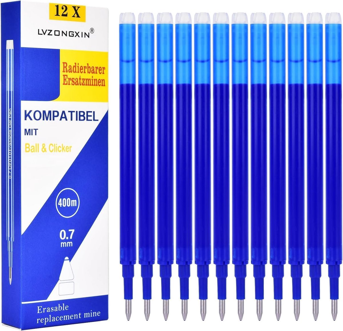 Vulpen navullingen blauw 0.8 mm - Set van 12 - Thermosensitieve inkt - 400 m schrijflengte - ShopVlot