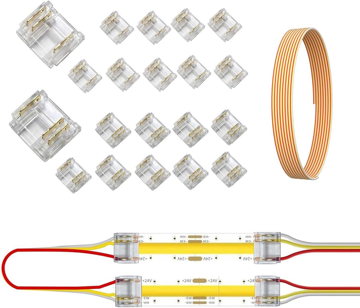 LED Strip Connector Kit 20pcs - 3 Pin 10mm Solder-vrij - 3m 22 AWG Verlengkabel - Voor RGB COB LED Strips - ShopVlot