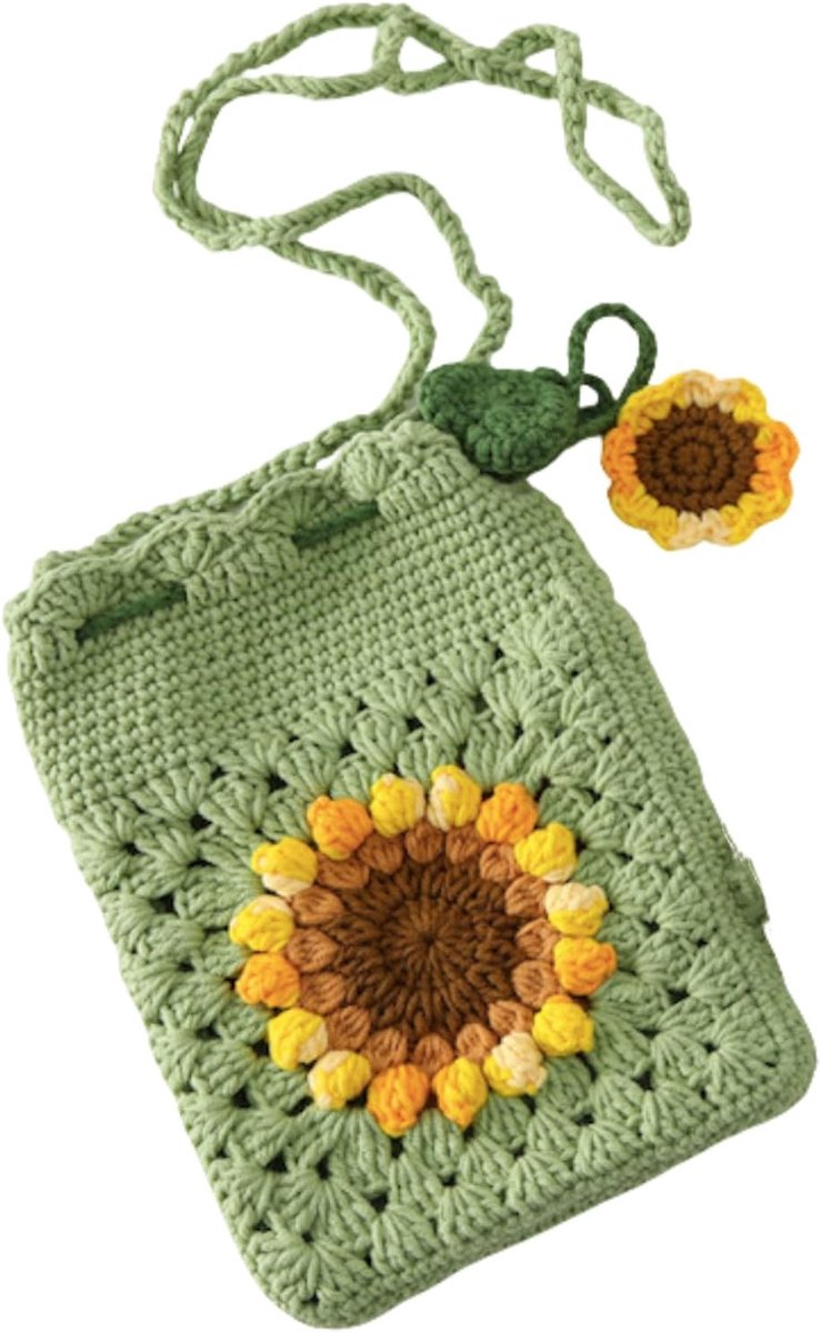 Handgemaakte zonnebloem-haakwerk tas - wol gebreid - schoudertas - perfect voor stranduitjes - ShopVlot