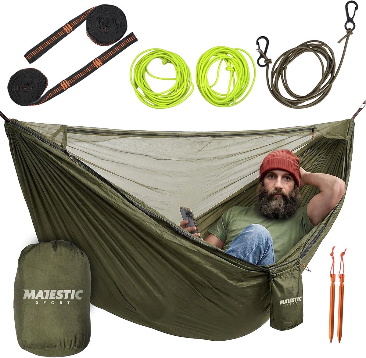 Hangmat met muggennet 330 x 150 cm - ademend nylon - 300 kg draagvermogen - ideaal voor kamperen - ShopVlot