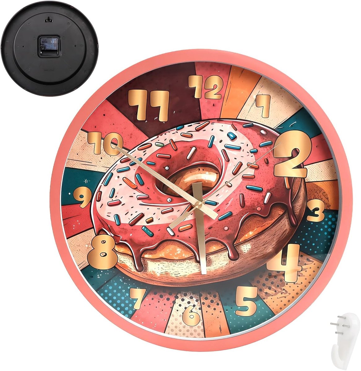 Wandklok 30,5 cm - Vintage retro roze donut - Stil uurwerk - Schattige eetdecoratie - ShopVlot