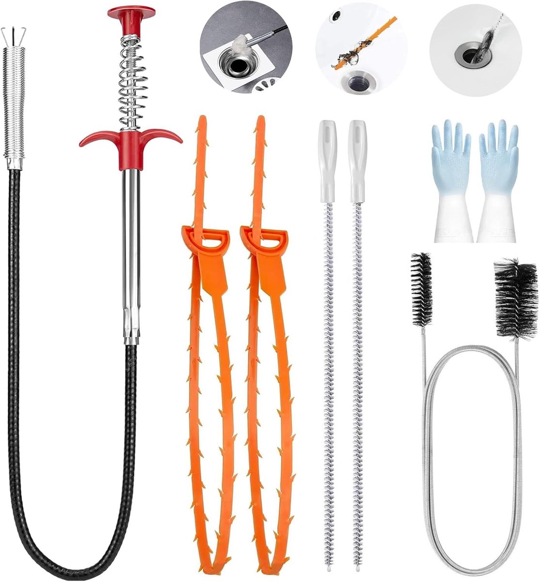 Afvoerpijp reiniger set van 7 - Spiralen met accessoires - Multifunctioneel voor keuken en badkamer - ShopVlot