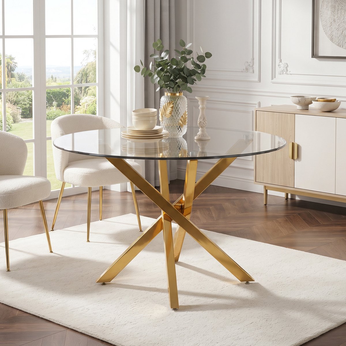 OKWISH Eettafel - Ronde Glazen Tafel - 80 x 80 x 75 cm - Gouden Metalen Kruispoten - Modern Minimalistisch - Voor Woonkamer En Keuken