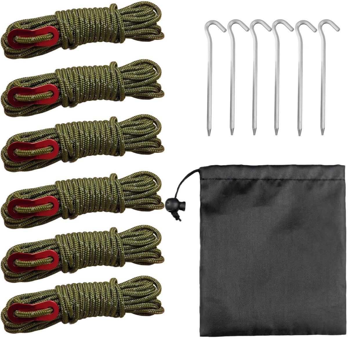 Tentlijnen set 6 stuks 4 mm met spanners - 4 m per rol - winddichte scheerlijnen - ideaal voor camping en wandelen - ShopVlot
