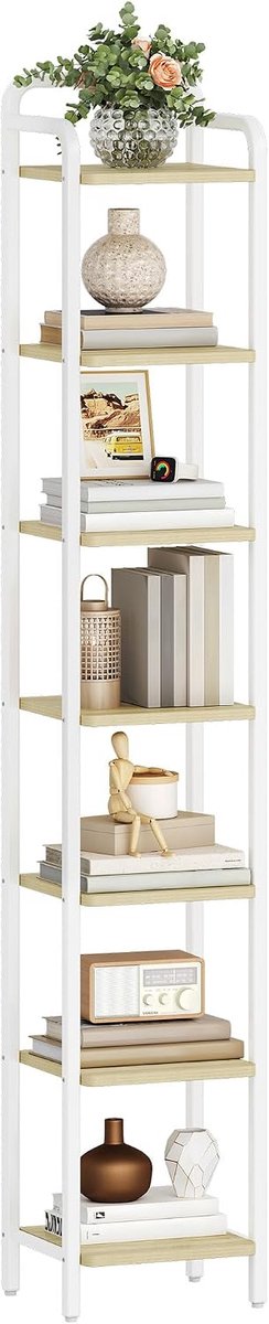 Hzuaneri-kast, smalle kast met 7 niveaus, 195.5 cm, wit eiken en wit