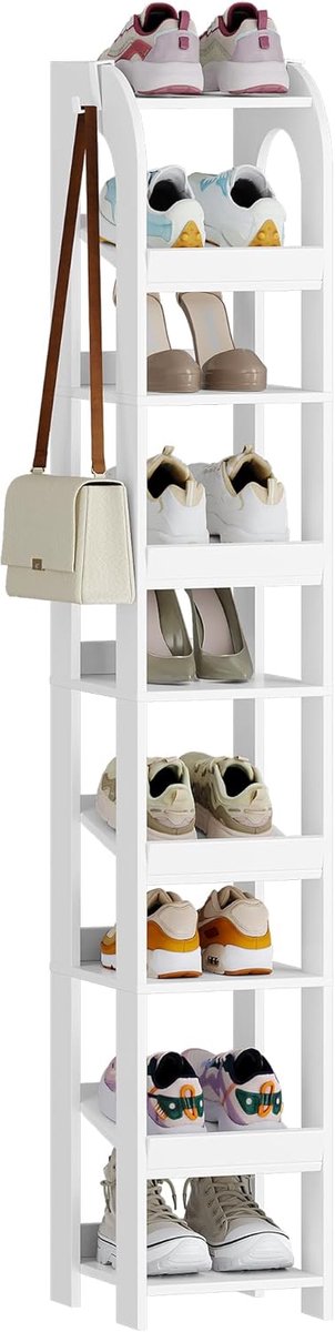 Hzuaneri Verticaal schoenenrek, 9 niveaus, smal schoenenrek, houten schoenenorganizer voor kast, ingang, schoentoren voor kleine ruimtes, vrijstaand, verstelbaar, met haken