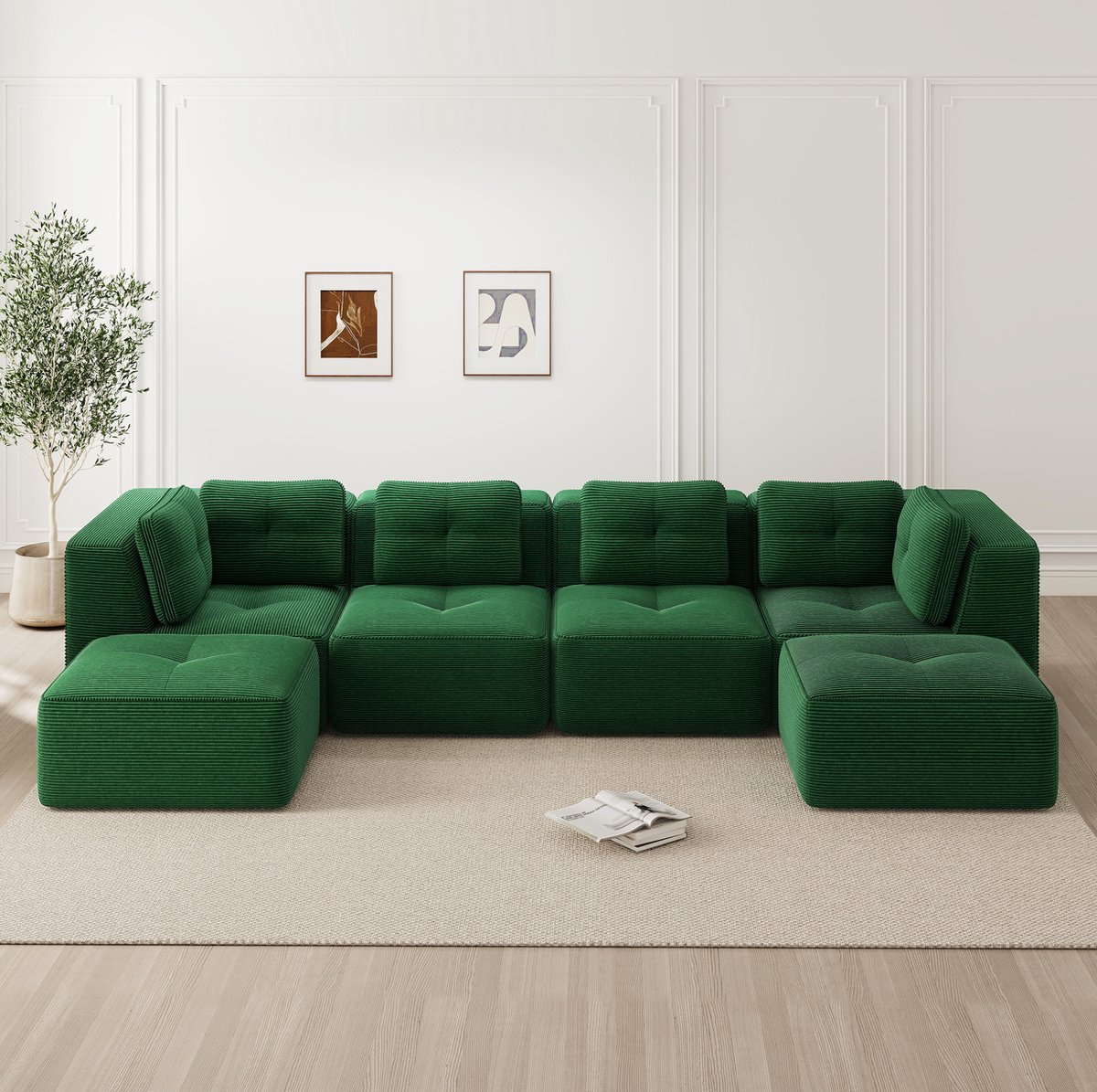 MEUNIQ modulaire U-bank 386 x 177 x 69 cm, 4-zits, ribstof, zonder montage, met ottomane, lage rugleuning en brede armleuningen, voor woonkamer, groen