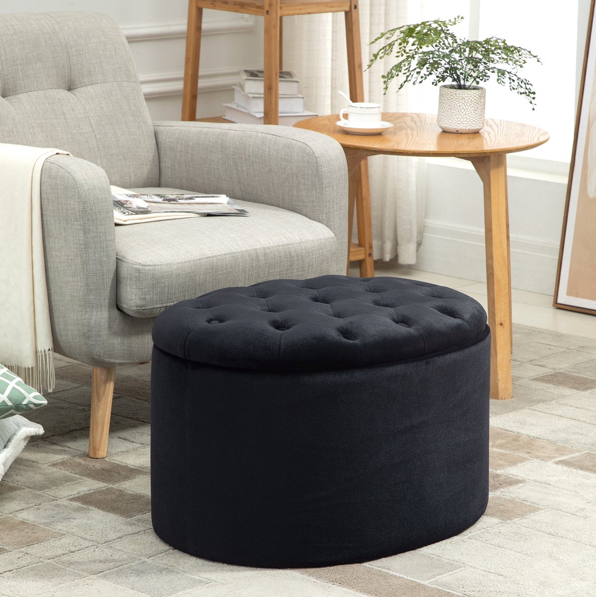 STILVORA Opbergpoef 71 X 52 X 42 Cm - Zacht Gestoffeerd Met Verborgen Opbergruimte - Voor Woonkamer En Slaapkamer - Hout - Zwart