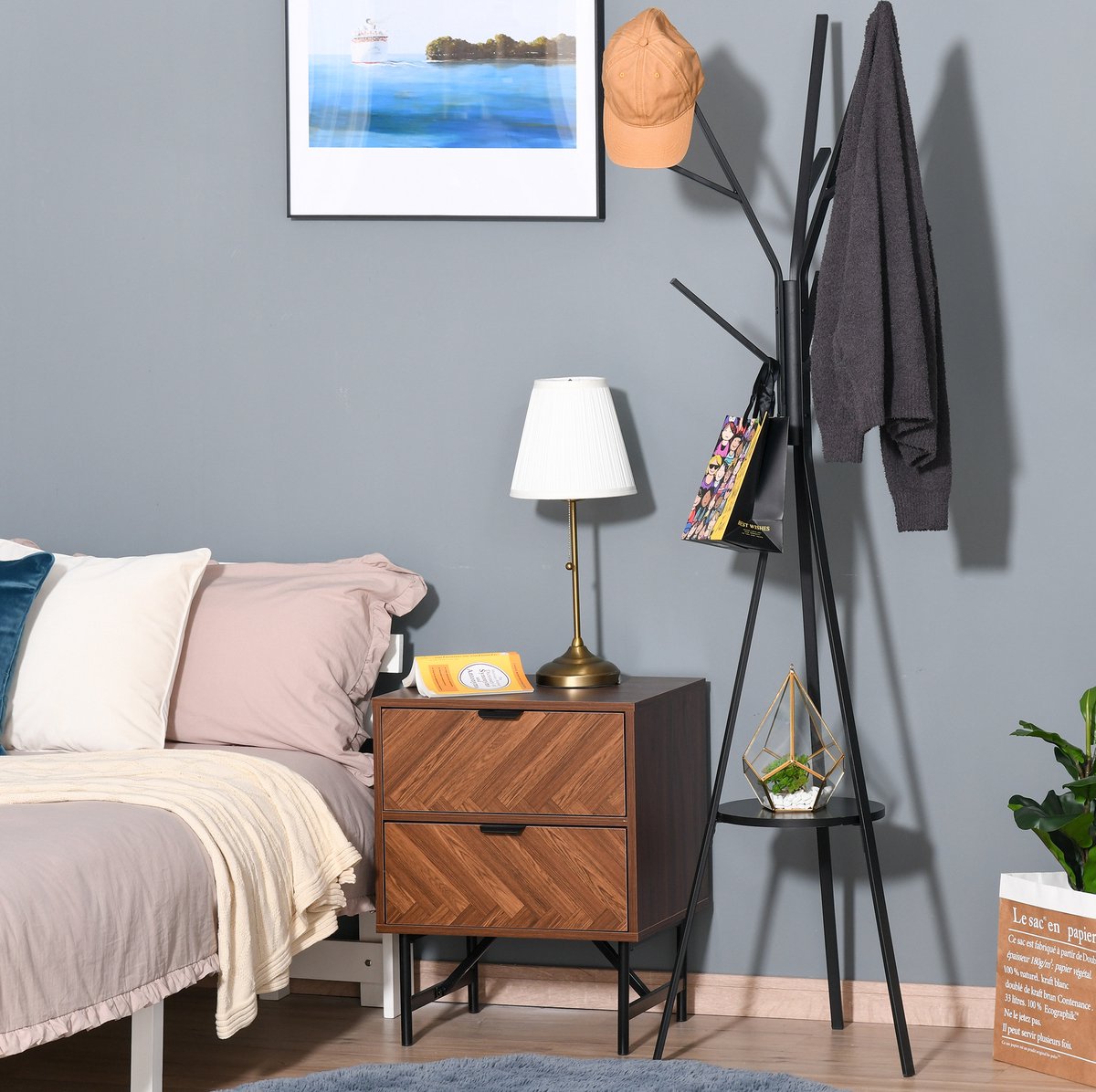 Kledingrek Met 3 Stangen En 8 Haken – 45 X 45 X 180 Cm – Metaal En MDF – Zwart – Voor Hal En Gang Met Plank En Driepoot