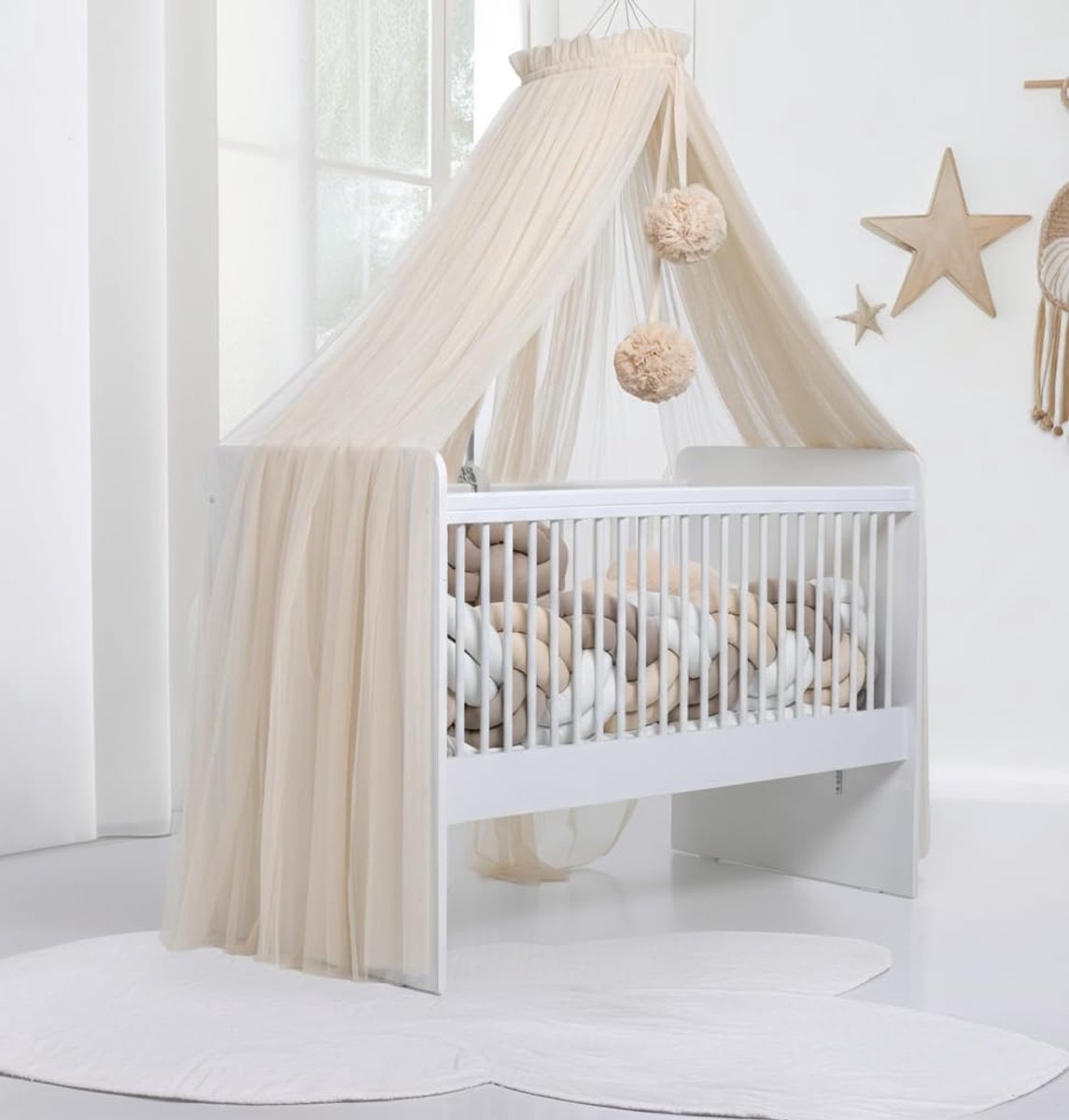 Fancyroom Gordijn voor kinderbed, muggennet, kamerdecoratie, hoogwaardige tule hemel (lichtbeige)