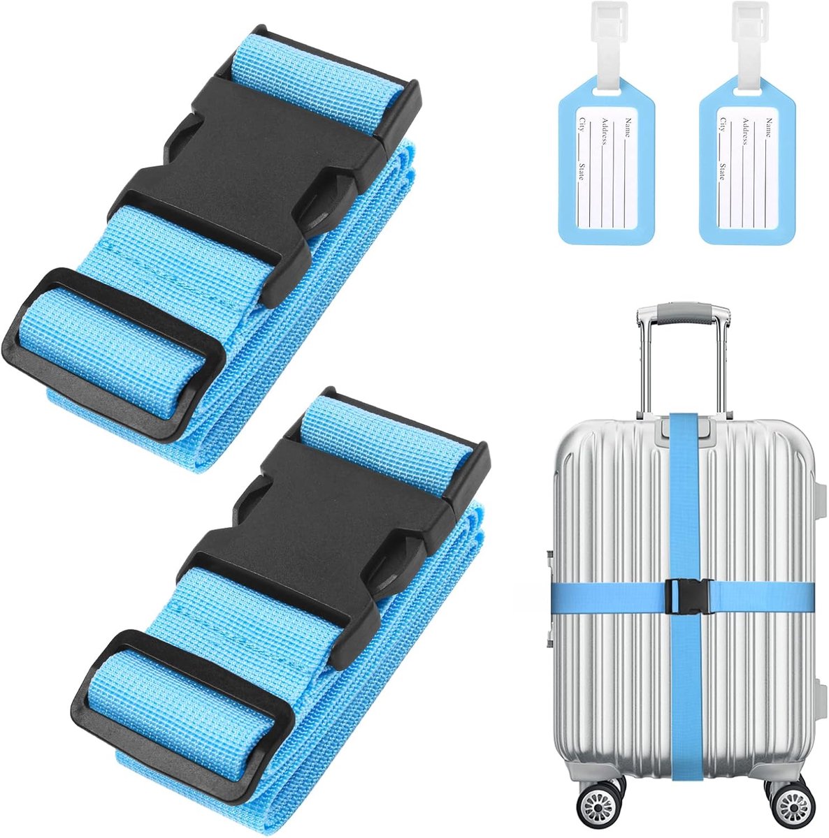 2-delige premium bagageriem, kofferriem, verstelbare antislip bagageband, lange kofferbanden, bagageriem + 2 stuks kofferhangers, veilig reizen voor koffer, blauw