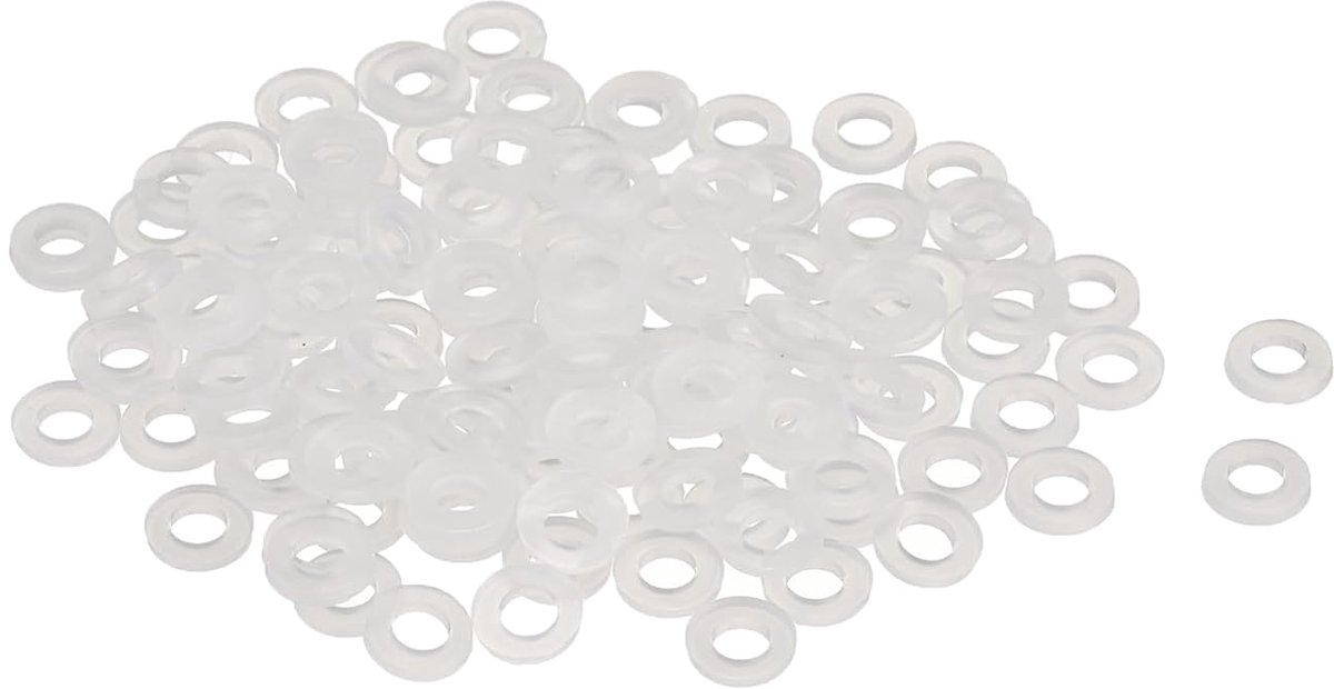 Platte sluitringen van nylon, M3, 3 mm, diameter 6 mm, dikte 1 mm, gladde sluitringen van kunststof, voor kunststof plaatafdichtingen, wit, 120 stuks