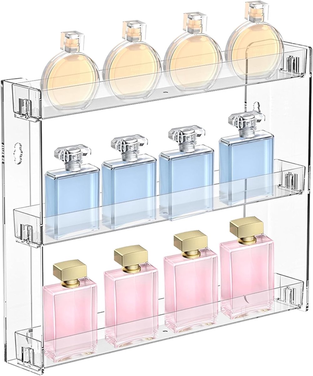 Wandplanken zonder boren, zelfklevende wandplanken, zwevend rek voor het opbergen van anime-figuren, nagellak, sigaretten, parfum, medicijnen enz., drie niveaus wandrek