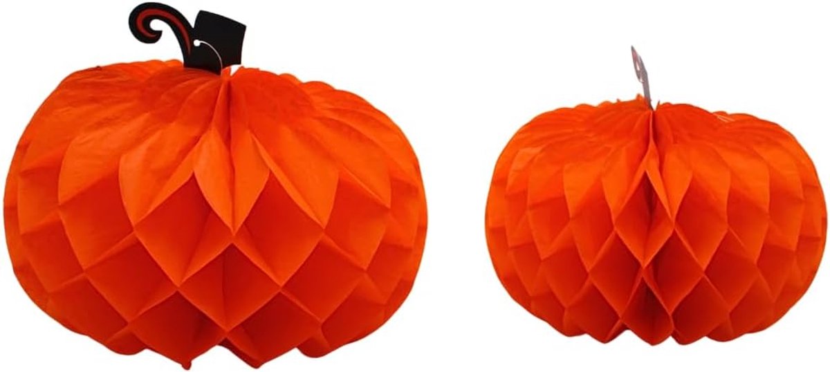 Set van 2 XXL hangers decoratief - pompoen honingraat, papieren pompoen, Halloween pompoen van papier, honingraat pompoen in oranje, levering 2 stuks, afmetingen: L/B/H 25 x 20 x 25 cm / 30 cm x 23 cm