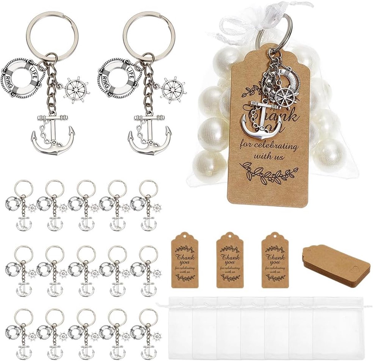 PandaHall 24 sets nautische partij gunst zilveren anker sleutelhangers trekkoord organza geschenkzakken gast terugkeer gunsten met dank u tags voor nautisch thema feest verjaardag bruiloft decor