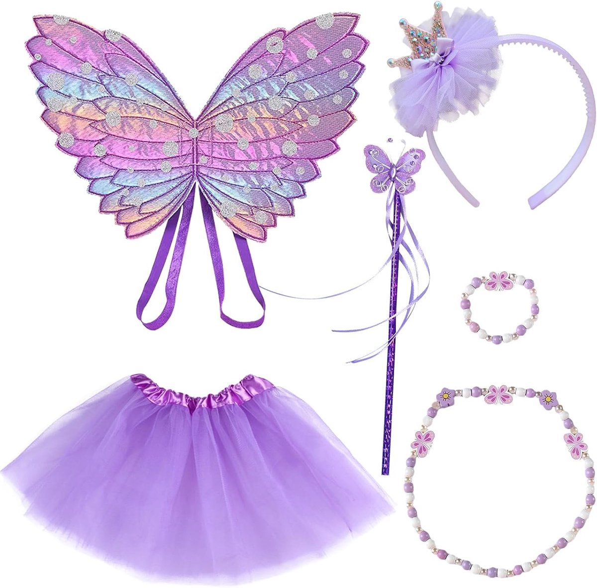 Paars feeënkostuum, feeënvleugels meisjes, feeënstaaf, meisjes pailletten, tiara kroon, halsketting en armband met vlinderkralen, tutu, voor themafeesten, carnaval of feeën cosplay