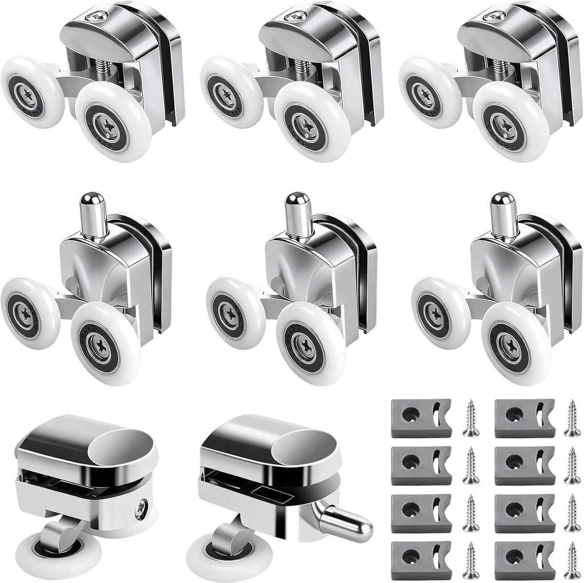 8 stuks douchedeurwieltjes, douchedeurrollen 23 mm met anti-botsingsblok en schroeven voor schuifdeur, glas, badkamer (4 boven + 4 onderste wielen)