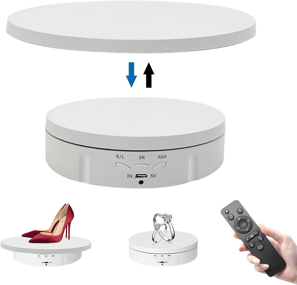 3-in-1 draaiplateau elektrisch 360 graden draaibaar displaystandaard gemotoriseerd met afstandsbediening voor fotografie productweergave sieraden horloge 3D-modellen verzamelstukken (zwart)