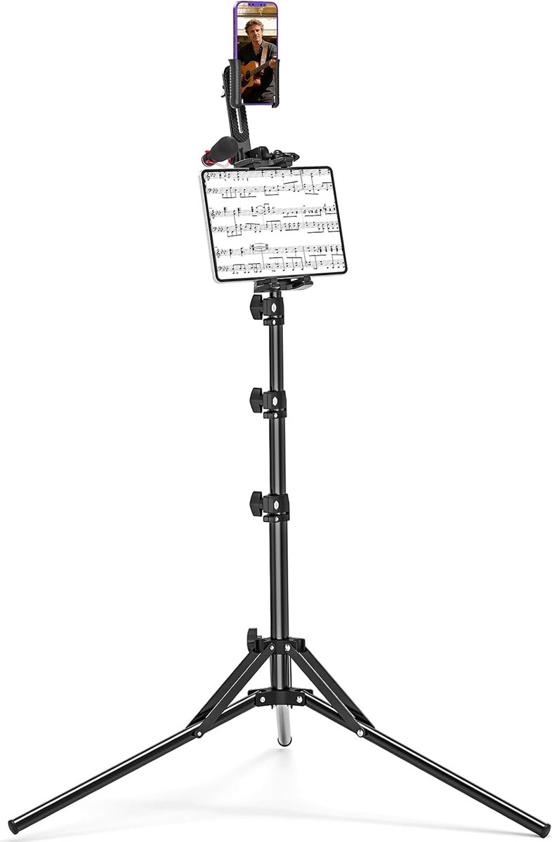 IPad-statief, tabletvloerstandaard 63 inch in hoogte verstelbaar met 360 ° draaibare iPad-statiefhouder voor camera/microfoon/ringlicht en alle 4,7-12,9 inch tablets en telefoons