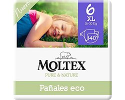 SnelShoppen - Moltex Pure & Nature Ecologische Luiers Maat 6 (17-28 kg), 140 Stuks - Zachte Biologische Katoen, Tot 12 Uur Bescherming, Wit met Print