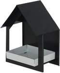 Zwart metalen vogelvoederhuisje in huisvorm, met lichtgrijs voederbakje.
