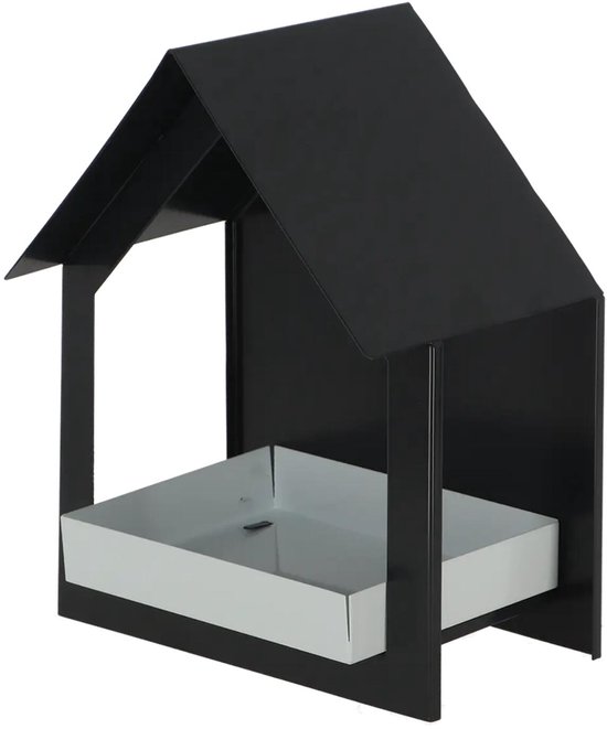 Zwart metalen vogelvoederhuisje in huisvorm, met lichtgrijs voederbakje.