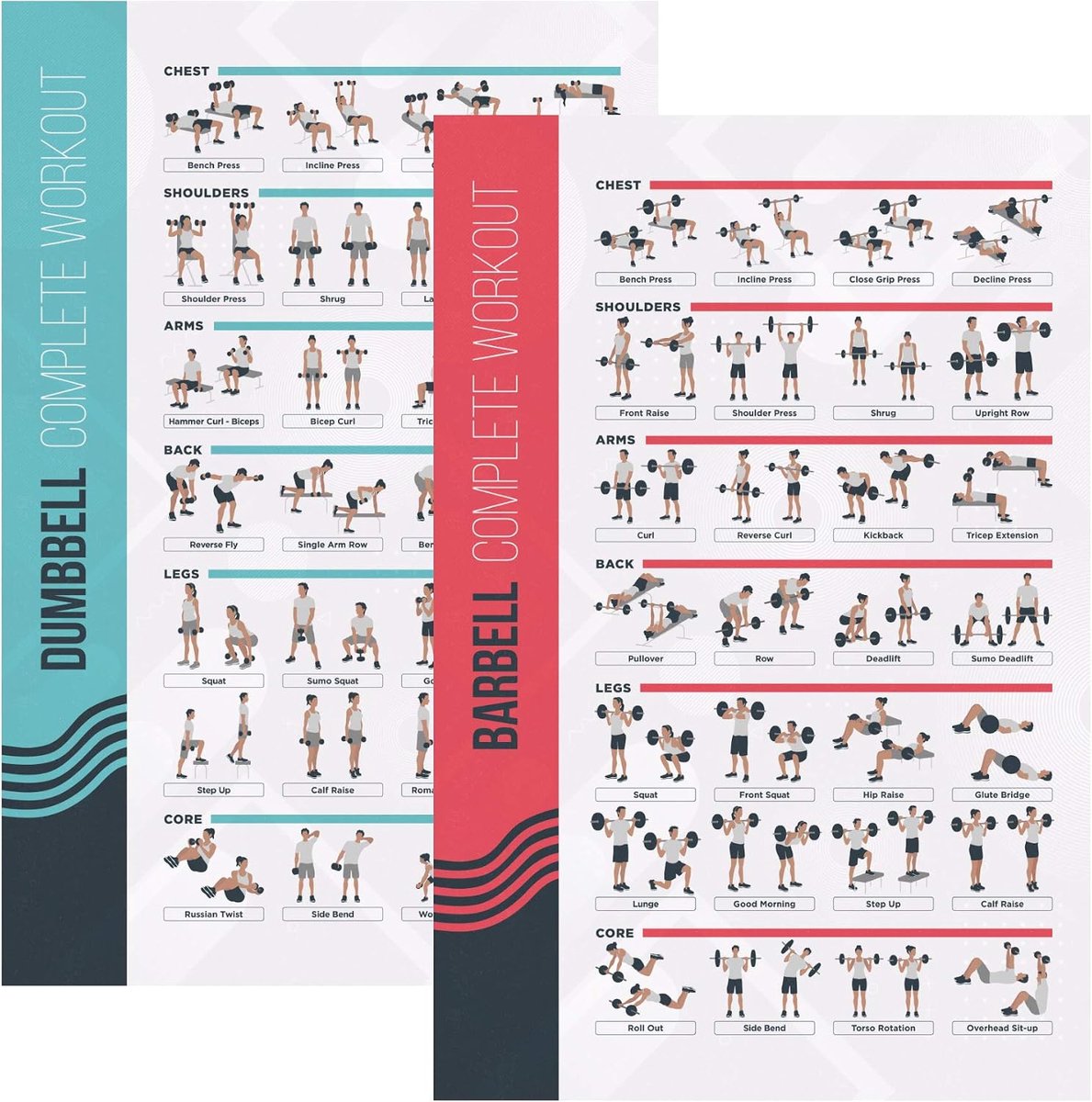 Dumbbell Bar Training Poster Set van 2 - Trainingsroutine 51 x 76 cm - Gewichten Gym Decoratie - Thuis Referentiegids - ShopVlot