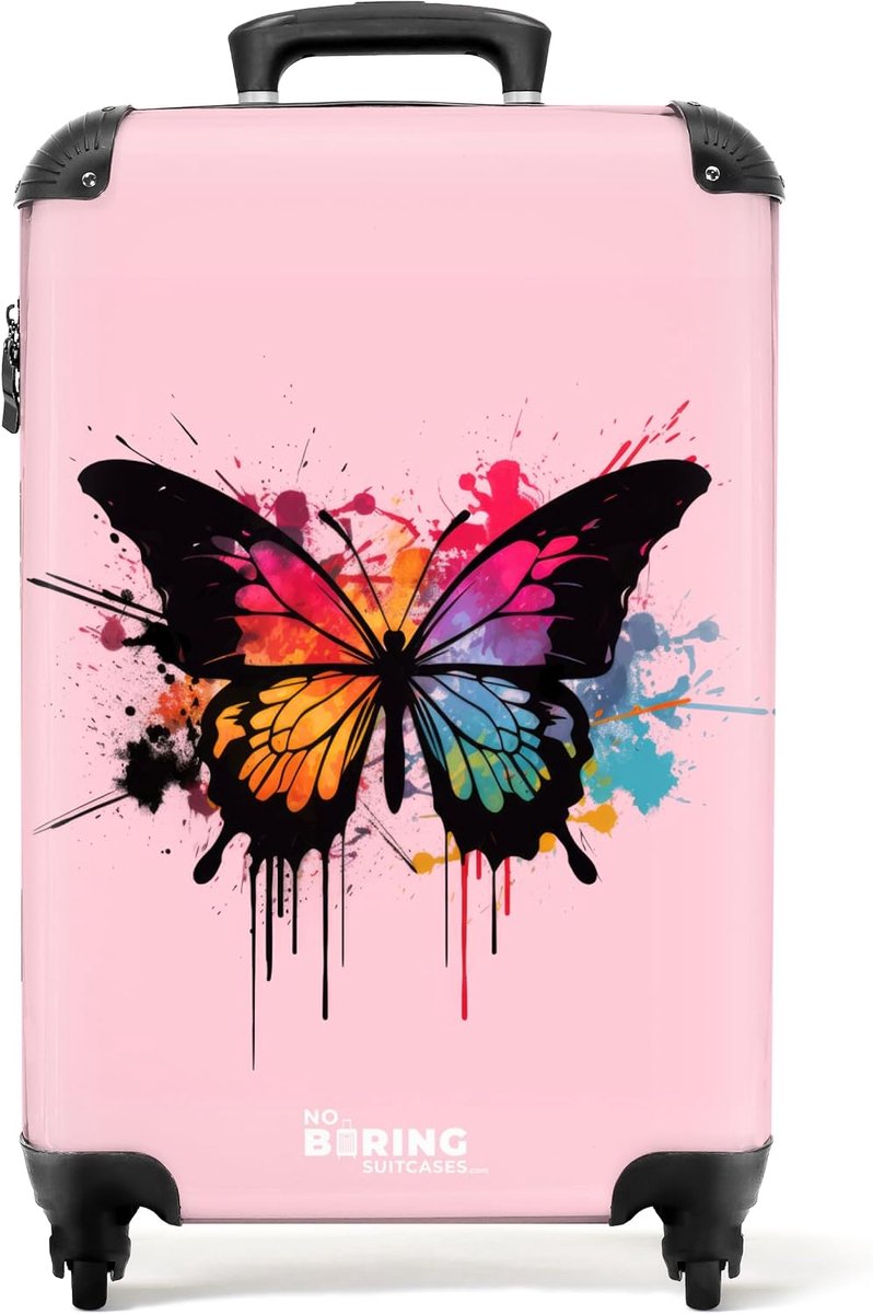 Handbagage koffer - 55x40x20 cm - Vlinder op roze achtergrond - Ultralicht en TSA-slot - ShopVlot