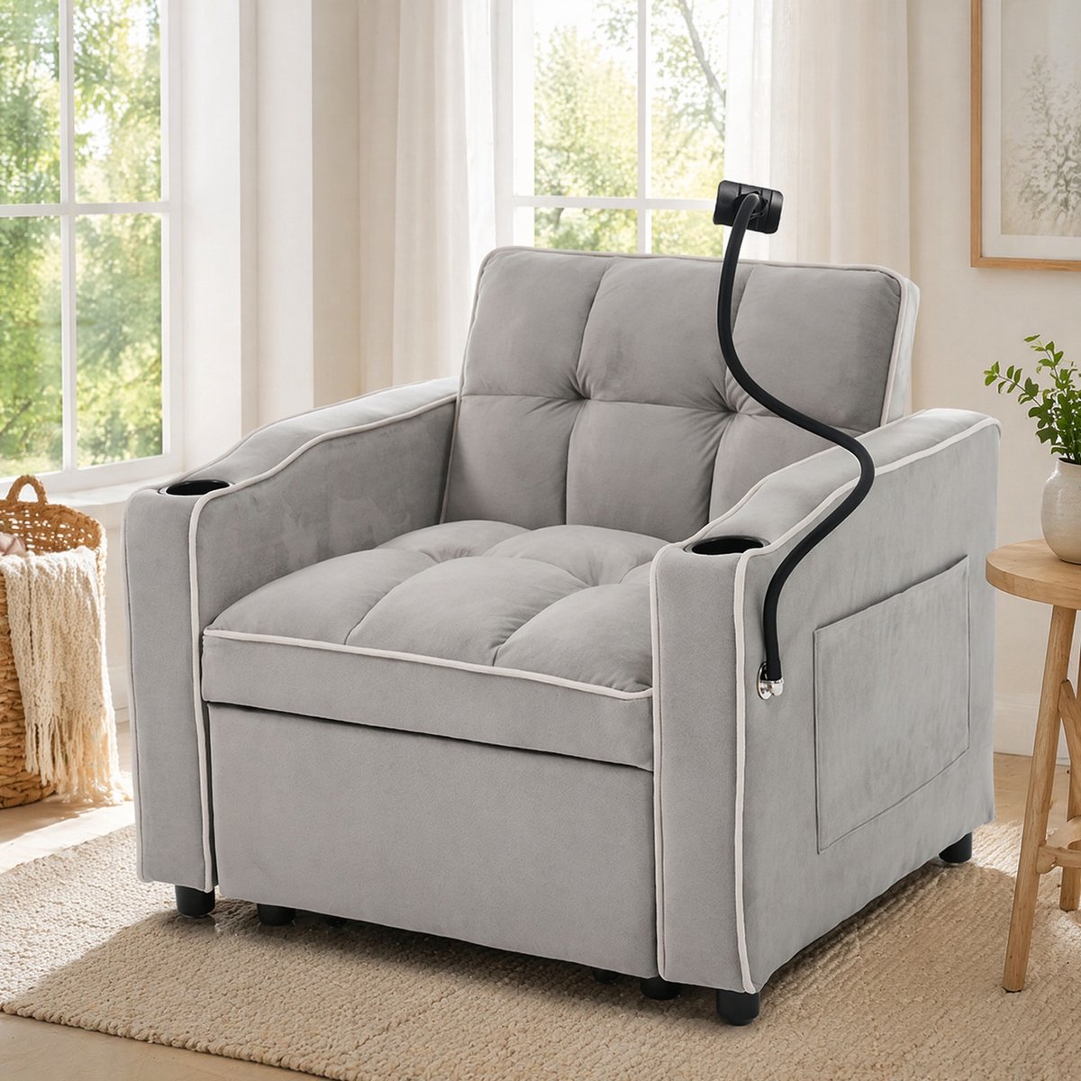 MEUNIQ 3-in-1 1-zits slaapbank 83 x 167 x 76 cm met verstelbare rugleuning, 2 bekerhouders, telefoonhouder en zijvak, uitrekbare fauteuil voor kleine woonruimte, grijs/wit