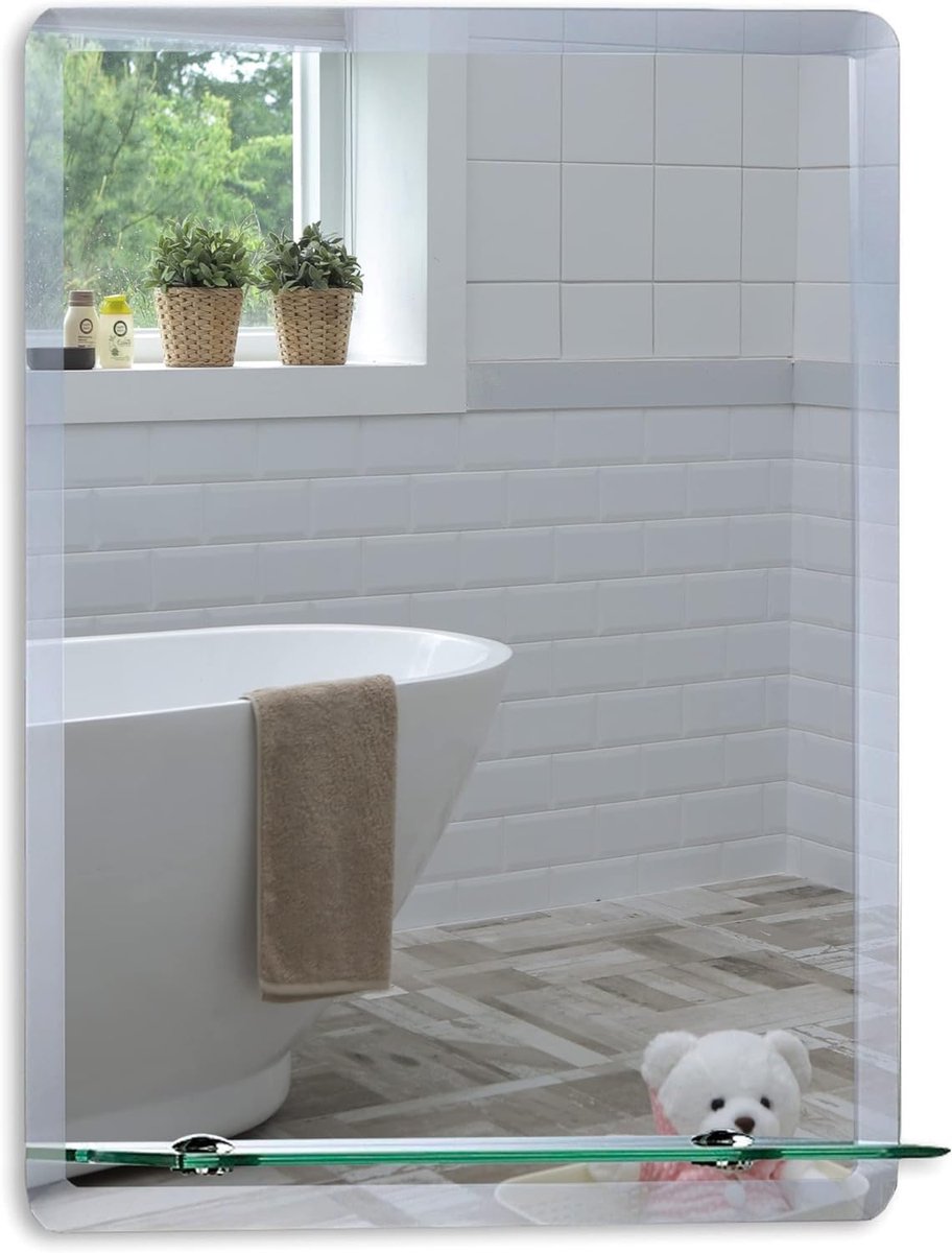 Premium Rechthoekige Badkamerspiegel met Plank - Roestvrije Wandspiegel zonder Frame - Schuine Glasrand voor Moderne Uitstraling - Spiegel met Opbergrek voor Toilet, Slaapkamer en Hal - 60 x 45 cm