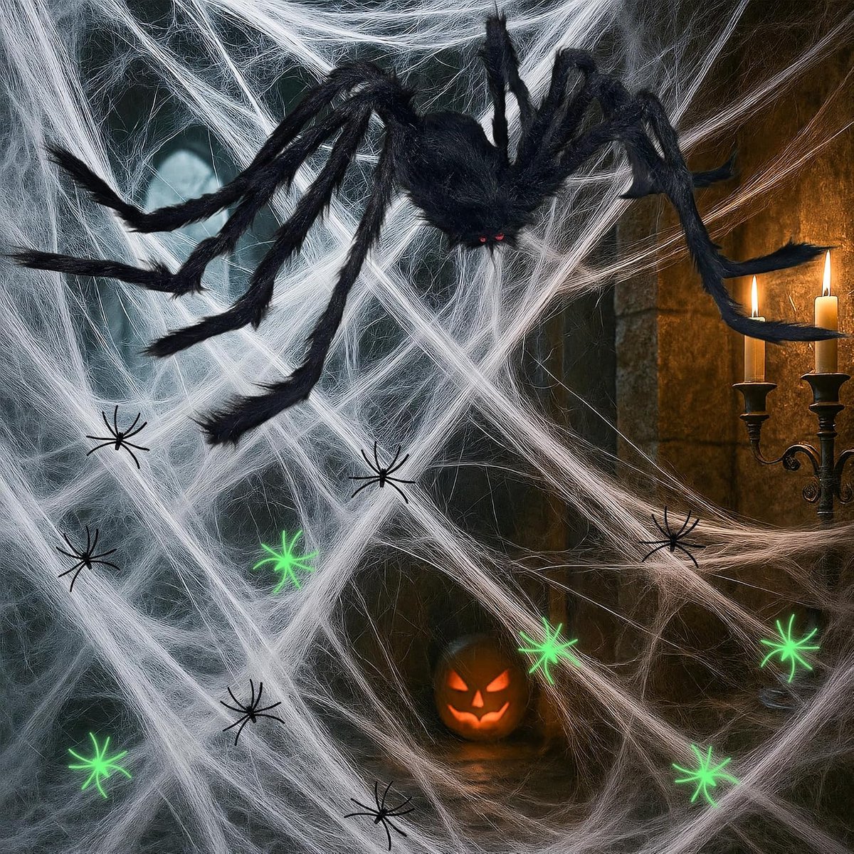 Halloween decoratie set 72-delig - grote spinnenweb - inclusief 71 spinnen - creepy sfeer voor buiten - ShopVlot