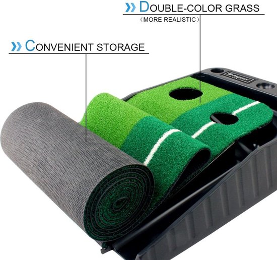 Golfmat - Oefenmat Golfen - Pitch en Put - Putting Mat - 3 ballen gratis - Retourbaan - Golfbaan - Binnen en Buiten - Golf - Tweekleurige Grasgolfmat - Met Baldikker Retourbaan van Pure2Improve — afbeelding 2