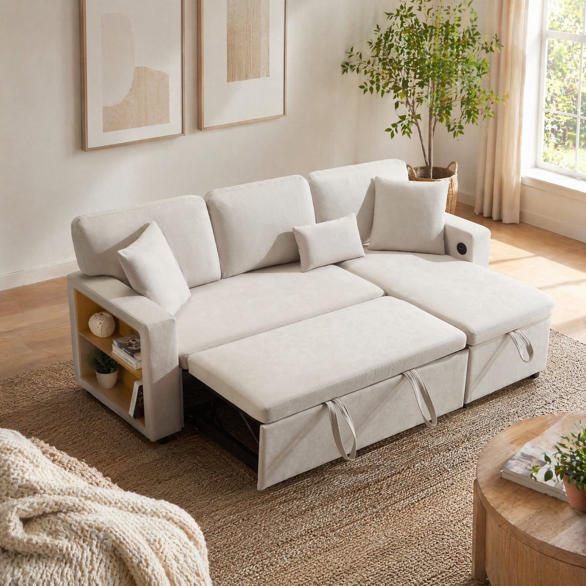 MEUNIQ hoekbank slaapbank L-vorm 214 x 131 x 87 cm met uitklapbare slaapfunctie, opbergruimte, USB-aansluiting en 3 kussens, beige