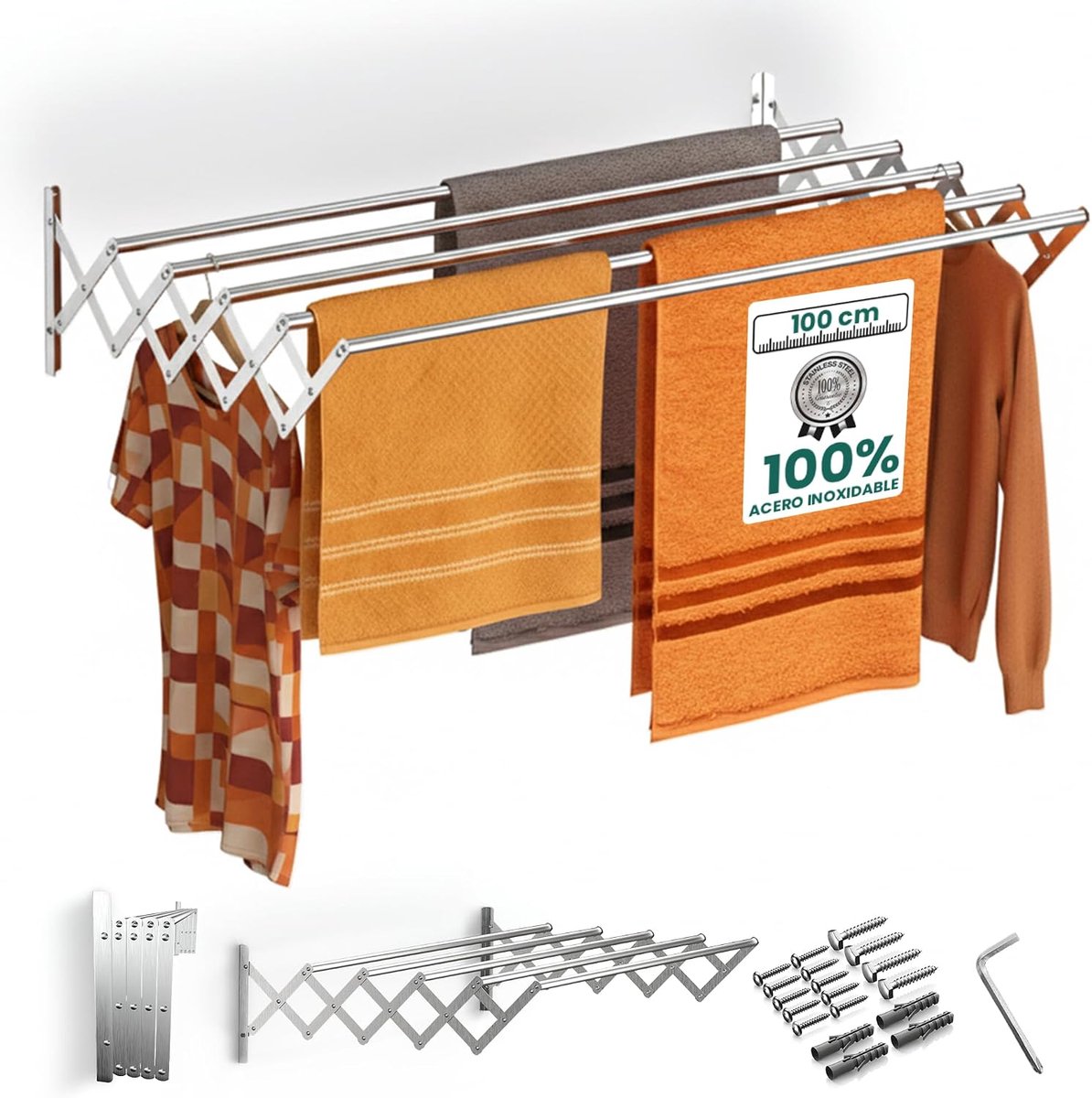Wanddroogrek 140 cm - RVS - Opvouwbaar en uitschuifbaar - Geschikt voor binnen en buiten - ShopVlot