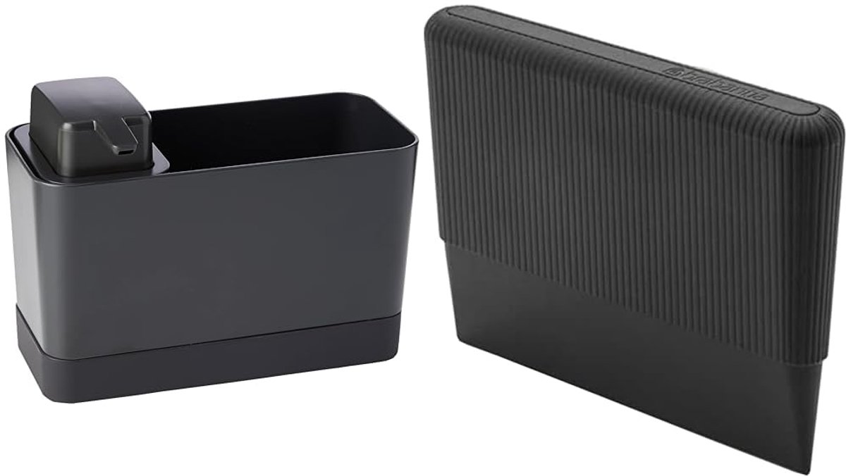 2-Delige Aanrecht Organizer Set - Keuken Organizer met Siliconen Pannenschraper - Ruimtebesparende Opberger voor Aanrecht, Afwasaccessoires en Keukengerei - Siliconen Schraper Inclusief - Donkergrijs