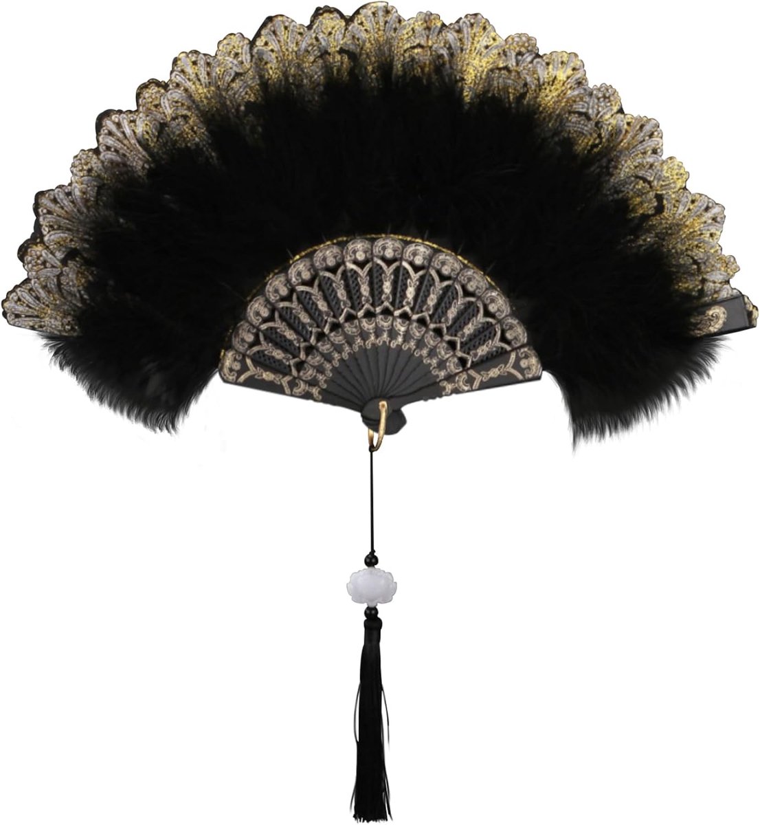 Handventilator geborduurd - vintage zwart - jaren 1920 stijl - perfect voor bruiloften - ShopVlot