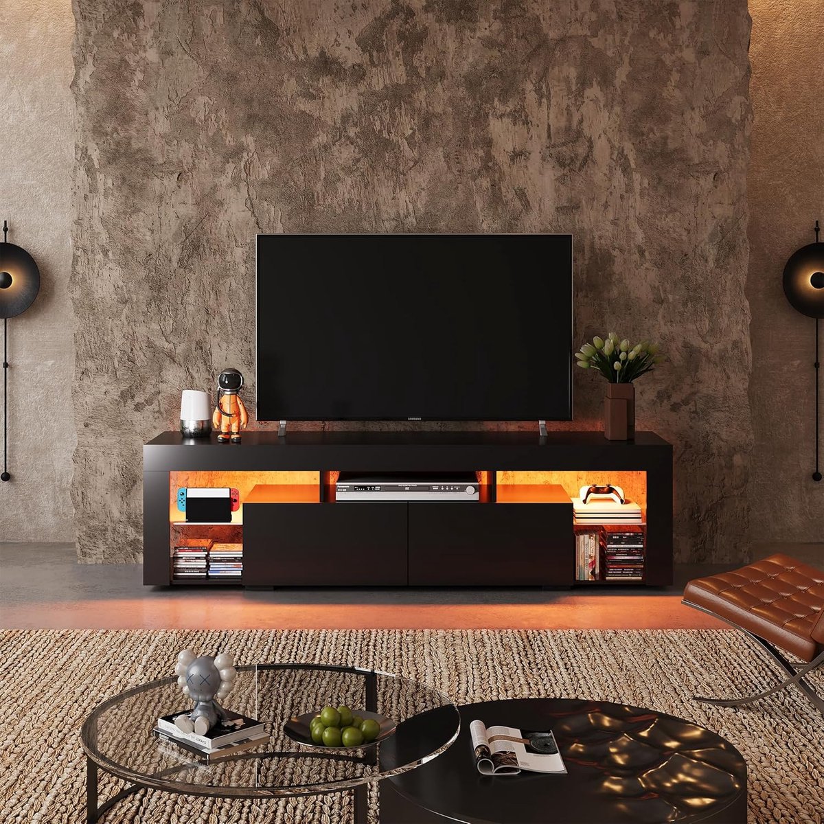 TV Meubel met LED Verlichting 160 cm Zwart – House&Garden NovaLux TV Kast voor 50 t/m 75 Inch TV – Modern Lowboard met 2 Laden, 7 Opbergvakken, RGB Verlichting, TV Dressoir voor Woonkamer, Gamekamer en Slaapkamer