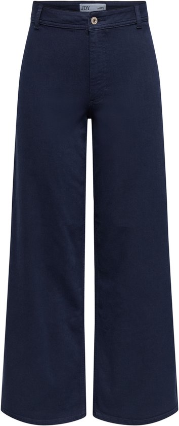 Donkerblauwe wijde broek met hoge taille, van voren gezien.