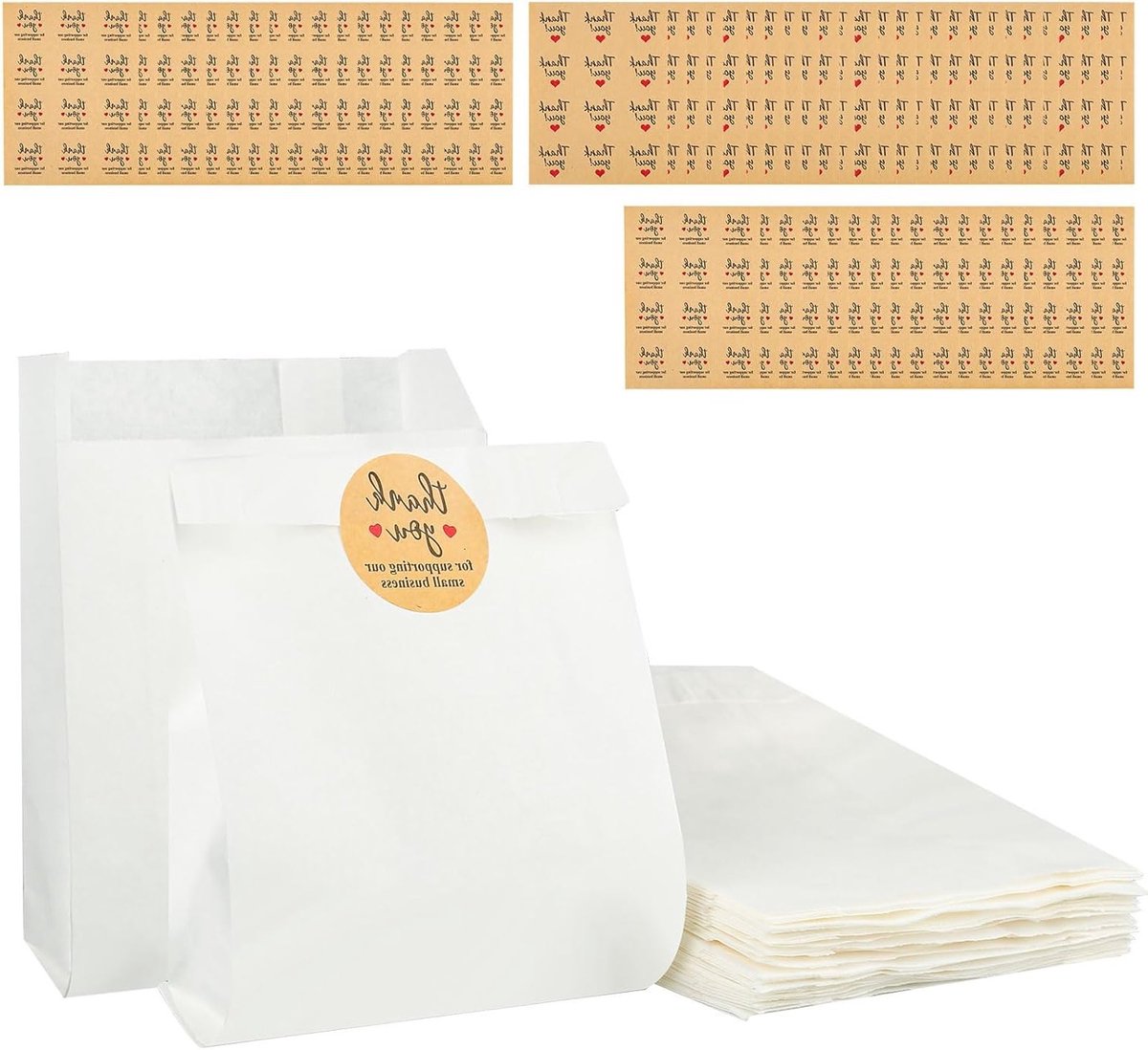 Set van 50 Witte Papieren Voedselzakken met 60 Stickers voor Snacks, Feestjes en Cadeaus - 11 x 4 x 16 cm, Perfect voor Verjaardagen en Kerstmis