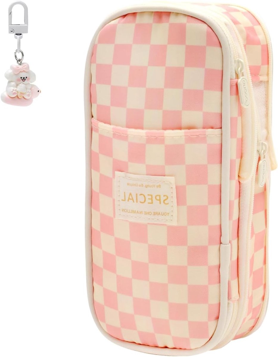 Grote Pennenzak met Roze Diamantpatroon en 4 Compartimenten, Esthetisch Ontwerp voor School en Kantoor met Schattige Sleutelhanger