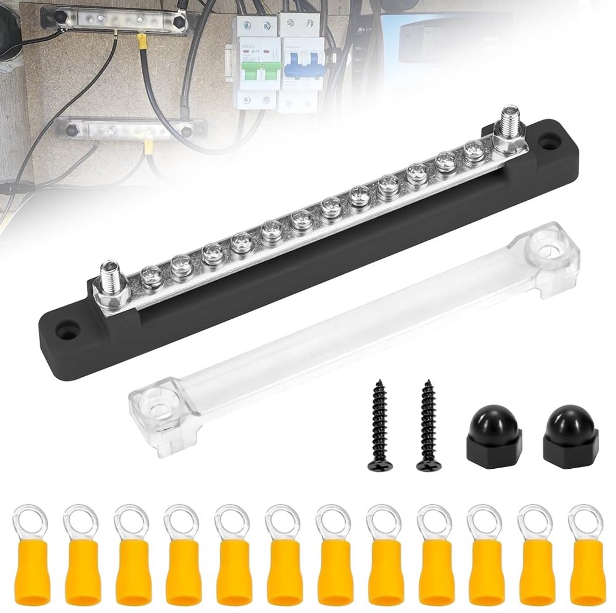 150 A, stroomverdelingsblok 12 V-48 V DC bus bar box met afdekking en 12 x M4 klembouten, verzamelrails, verdelerblok voor auto's, campers, marine en zonne-energie