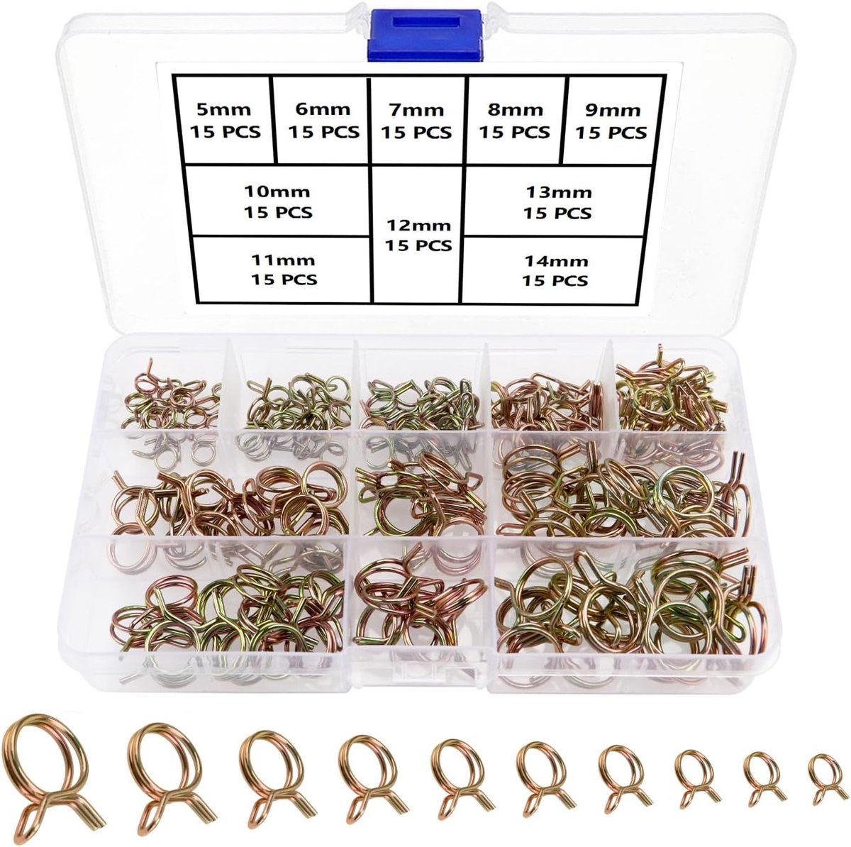 Slangklemmen, set van 150 stuks, 5-14 mm, veerclip, slangklem, brandstofleidingsklem, slangclips, voor auto, motorfiets, scooter, ATV, 10 maten