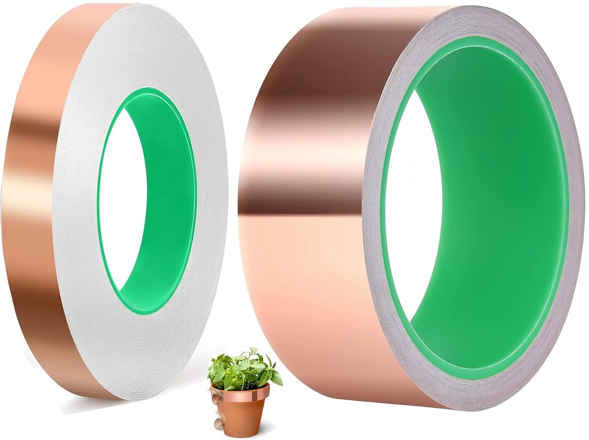 tegen slakken, 2 rollen, koperband, zelfklevend, dubbelzijdig geleidend, koperfolieband, slakkenbescherming voor aarding, solderen en slakkenafweer (30 mm x 20 m + 15 mm x 20 m)