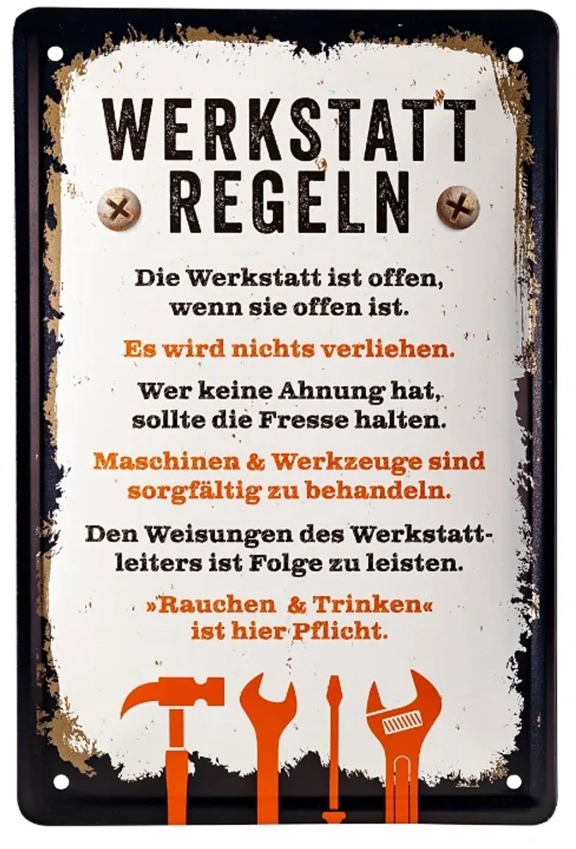 Metalen bord met werkplaatsregels 20 x 30 cm