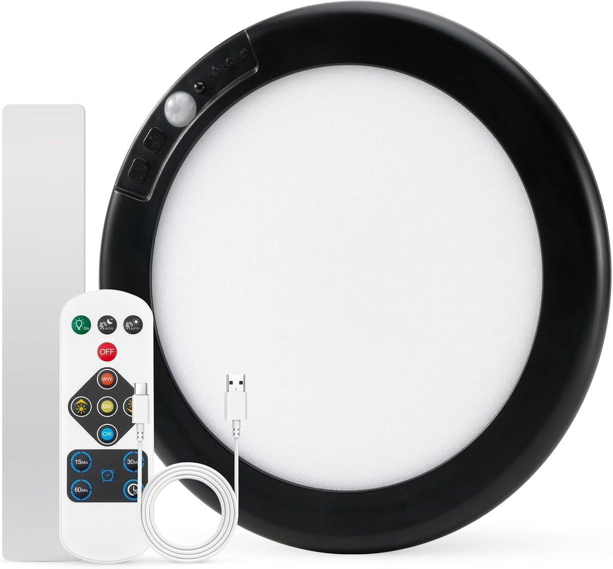 Oplaadbare Plafondlamp met Bewegingssensor, 20cm Dimbaar Badkamer Licht Plafond met Afstand, 3000K ~ 6000K USB op Batterijen Werkende Pir Plafondlamp voor Gang Garage Trap Veranda, Zwart