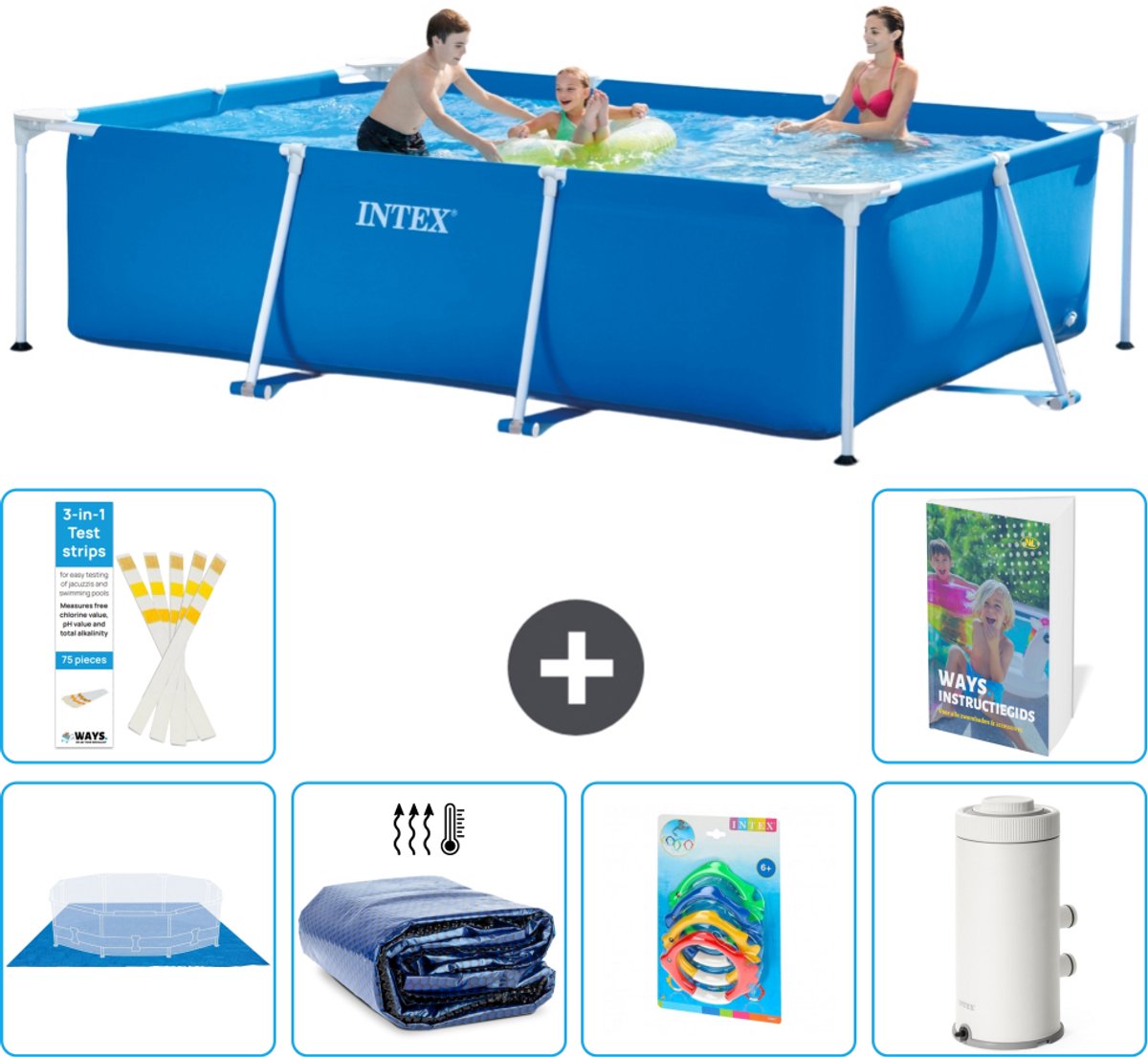 Intex Rechthoekig Frame Zwembad - 300 x 200 x 75 cm - Blauw - Inclusief Grondzeil - Solarzeil - Speelgoed - Zwembadfilterpomp - 7-delig