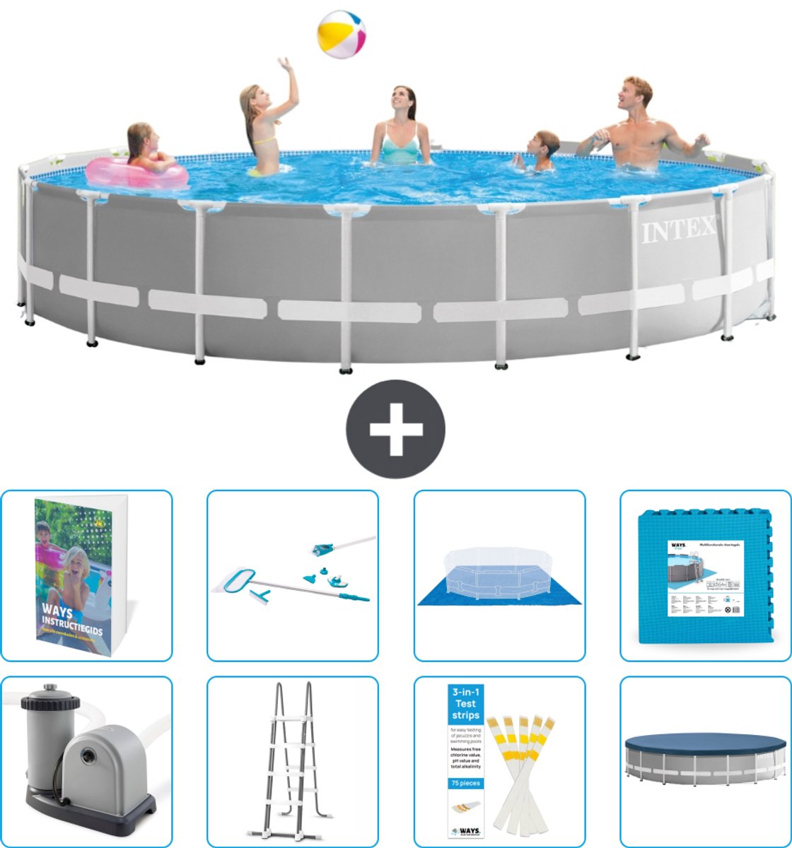 Intex Rond Prism Frame Zwembad - 548 x 122 cm - Grijs - Inclusief Pomp - Ladder - Grondzeil - Afdekzeil - Schoonmaakset - Vloertegels - 9-delig