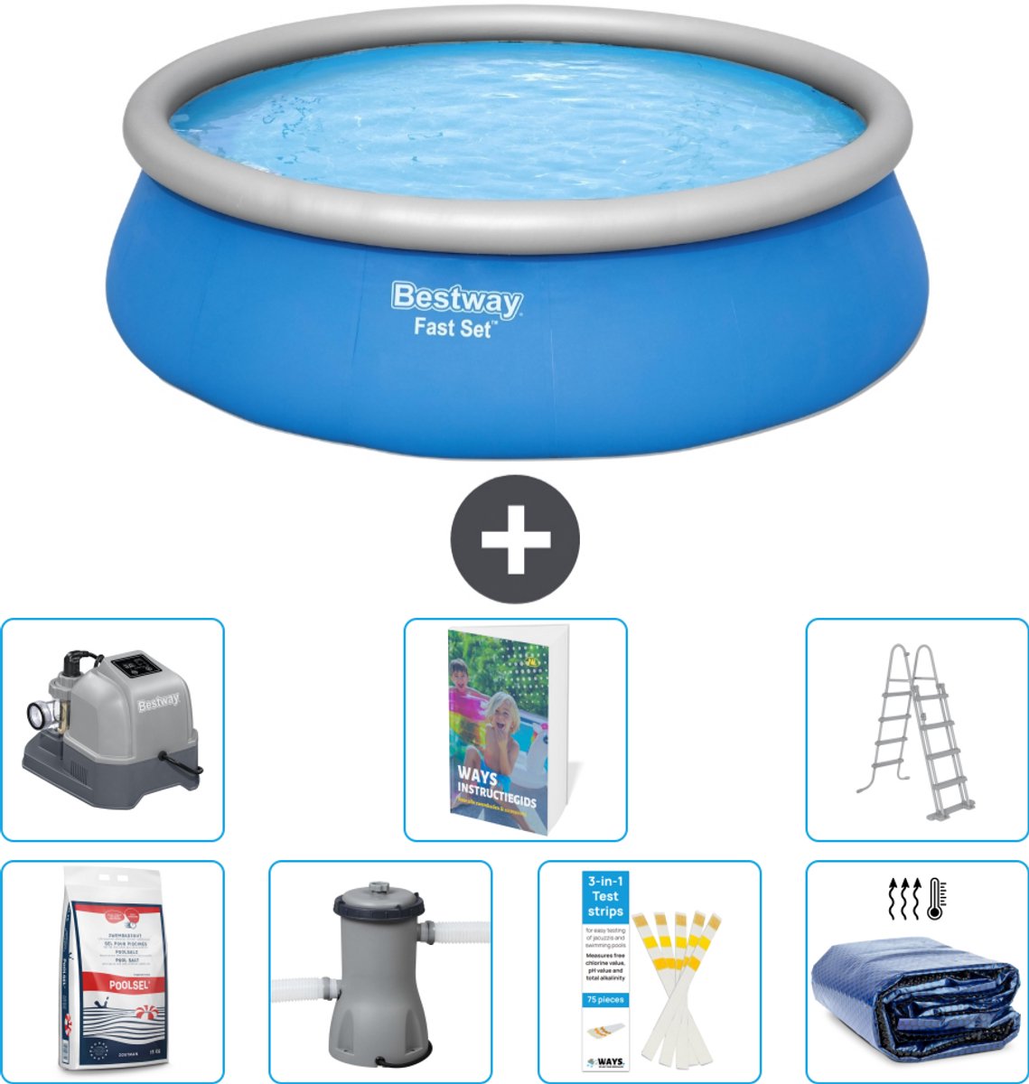 Bestway Rond Opblaasbaar Fast Set Zwembad - 457 x 122 cm - Blauw - Inclusief Pomp - Ladder - Solarzeil - Zoutwatersysteem - Zwembadzout - 8-delig