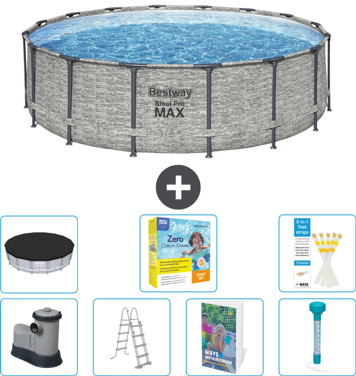 Bestway Rond Steel Pro MAX Zwembad - Steenprint - 488 x 122 cm - Inclusief Pomp - Ladder - Afdekzeil - Onderhoudspakket - Thermometer - 8-delig