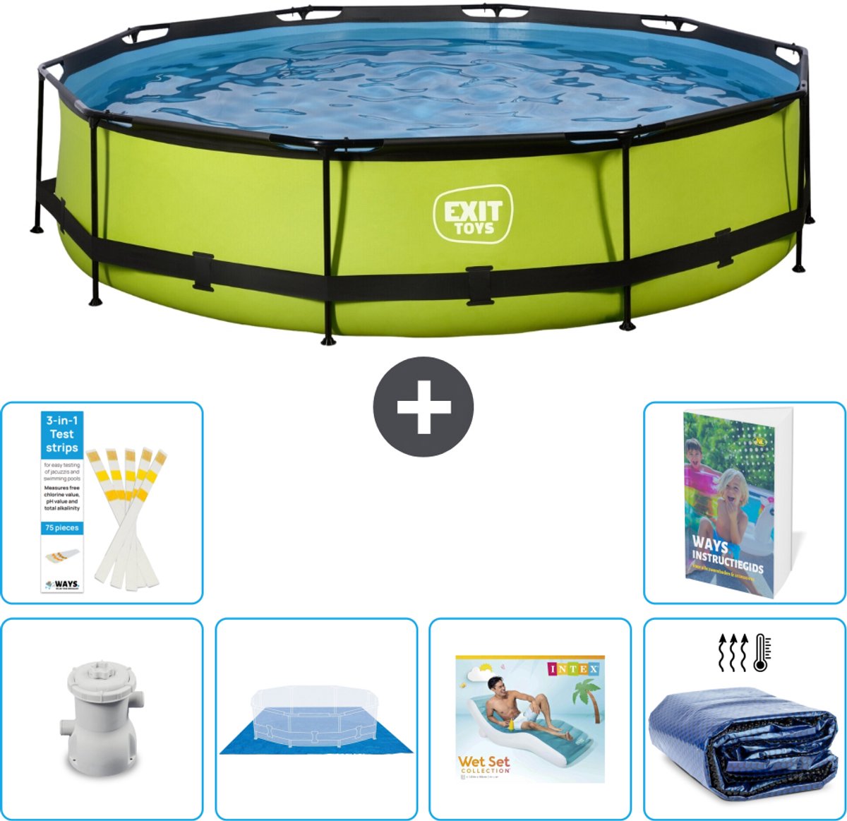 EXIT Rond Lime Frame Zwembad - 360 x 76 cm - Inclusief Pomp - Grondzeil - Loungebed - Solarzeil - 7-delig